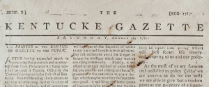 Masthead of the Kentucky Gazette, Aug. 18 1787