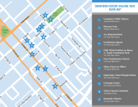 Lexington's Downtown Historic Walking Tour Map with eleven stars marking the sites on a map of downtown Lexington on the left side of the page, while a numbered list of the stops with names and addresses in on the right on a gray background