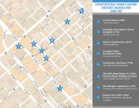 Map of downtown Lexington with blue stars representing the stops on the tour of historic library locations