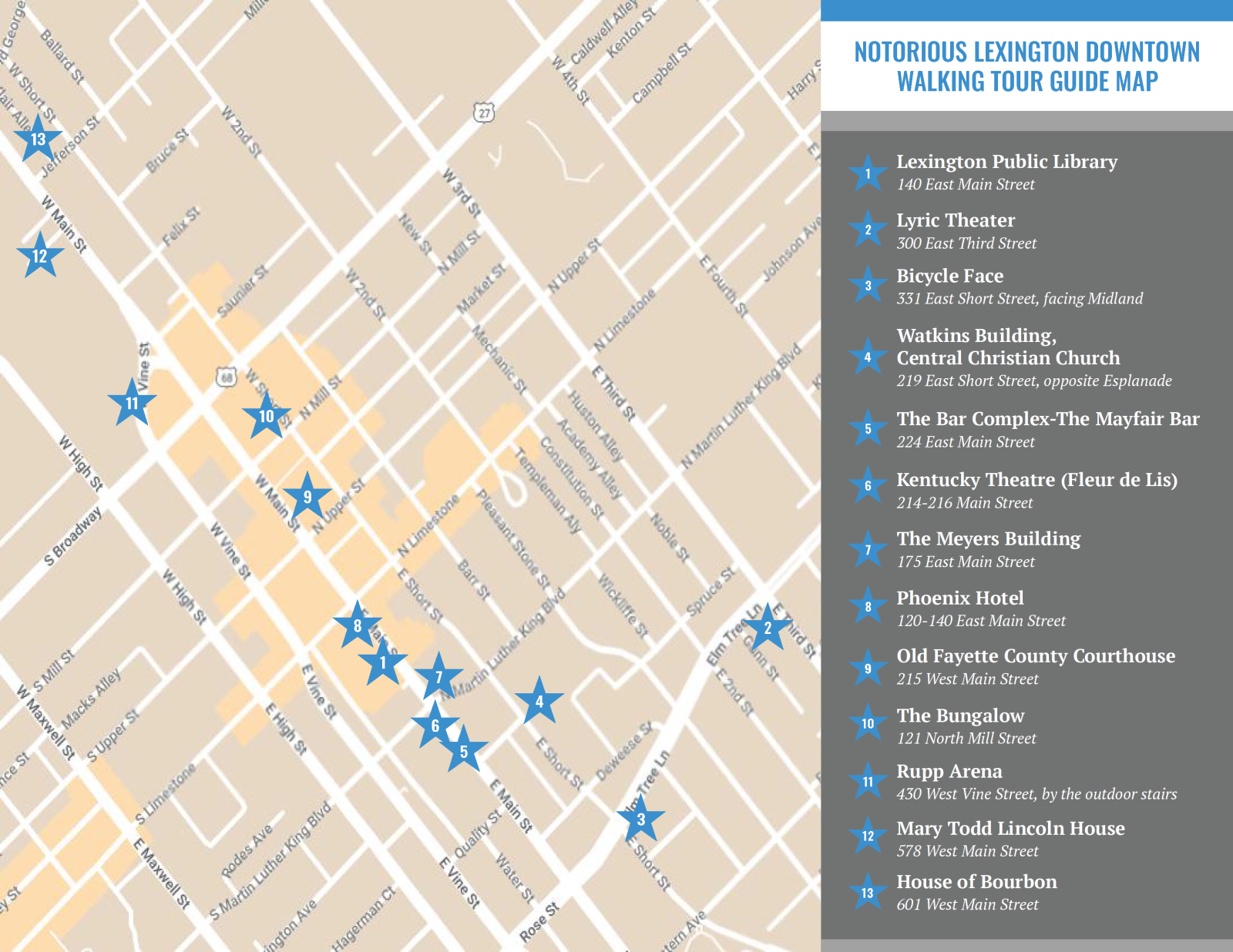 Map of downtown Lexington with thirteen (13) blue stars noting the locations of the tour stops.